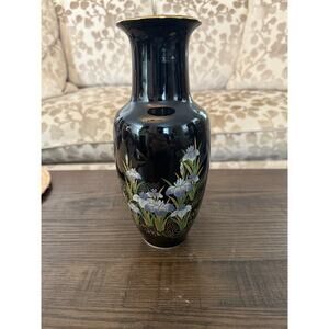 MCI of Japan Black Glaze Water Lilies Vase-11” Blue, Green, Gold Acc